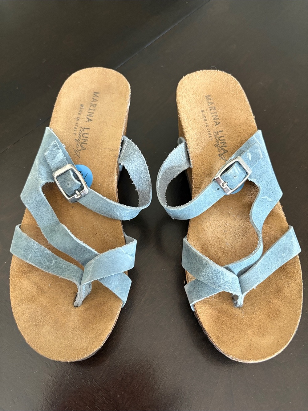 Marina Luna Light Blue Suede Strappy Slide Sandals